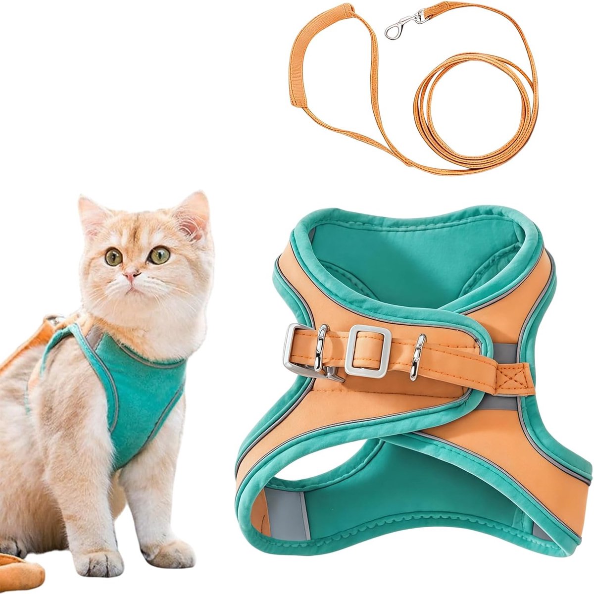 Kattentuig met lijn, verstelbaar borsttuig veilig anti-wurging voor katten honden, wandeling uitstapje nachtveiligheid transport, groen oranje (M)