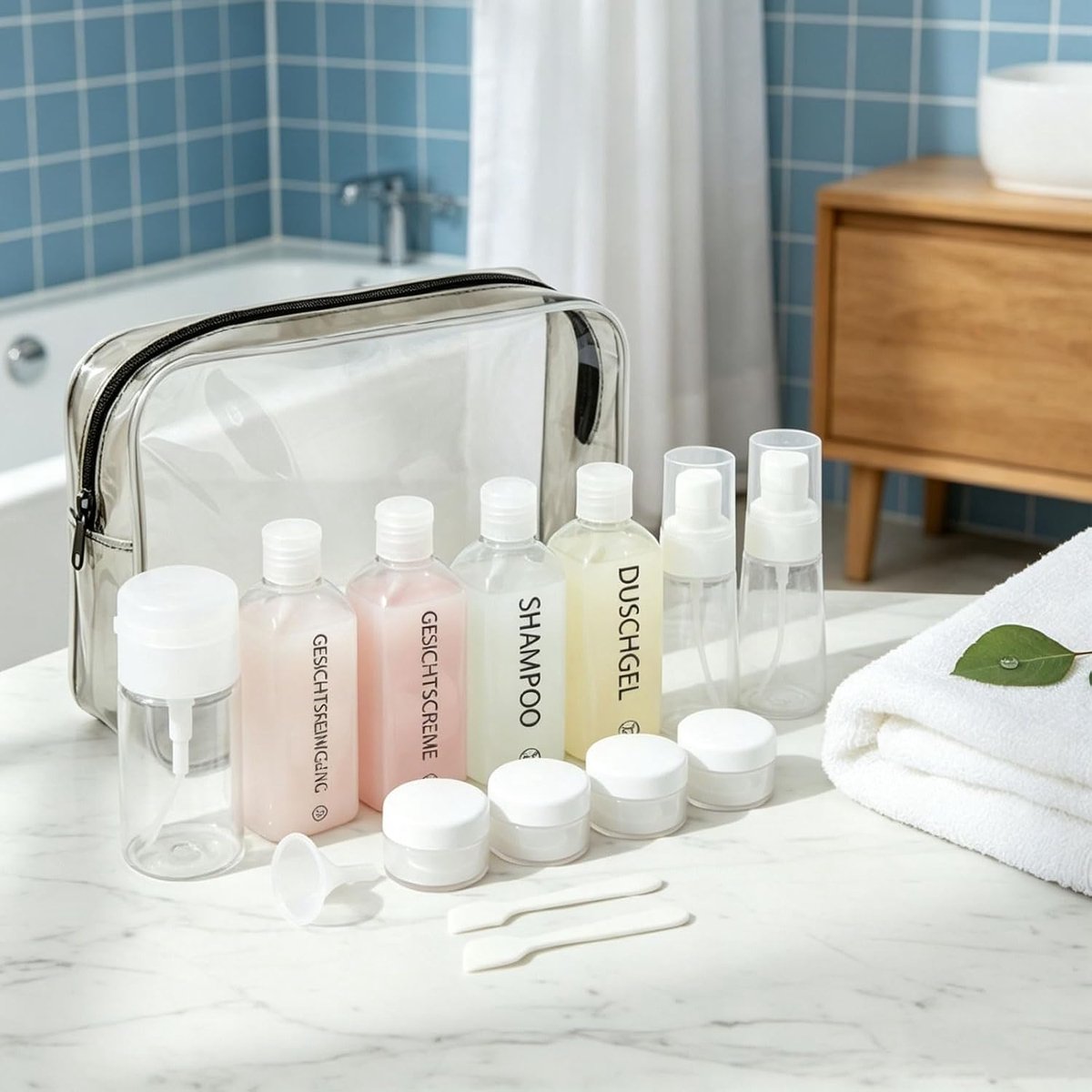 21-delige set reisflesjes voor toiletartikelen, inclusief labels voor shampoo, conditioner en douchegel, lekvrije sprayflessen en crèmepotjes (transparant)