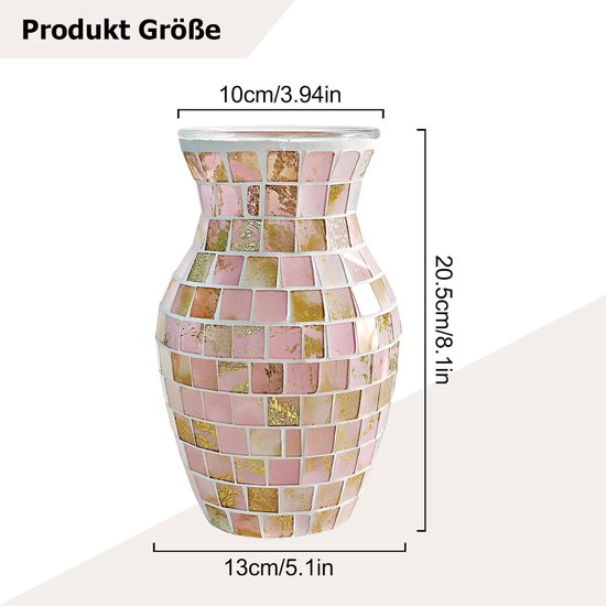 Bloemenvaas, handgemaakte mozaïek glazen vaas, 20 x 10 x 11 cm, decoratieve vazen, tafeldecoratie en bruiloftsdecoratie, moderne bloemenvaas voor woonkamer, keuken, slaapkamer en kantoor (roze)