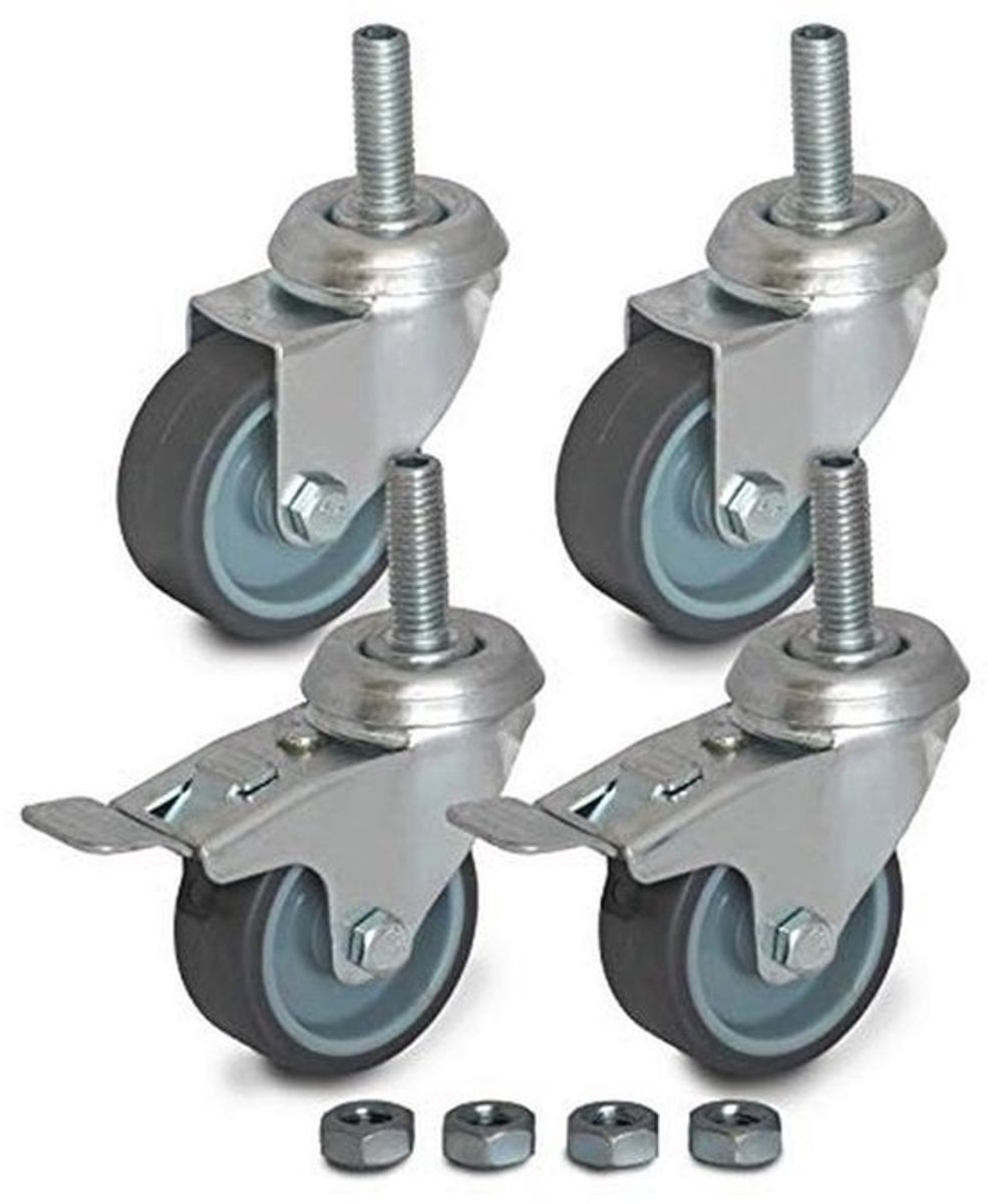 Set van 4 zwenkwielen - 50 mm - Met M10 schroefboutbevestiging en reservemoeren