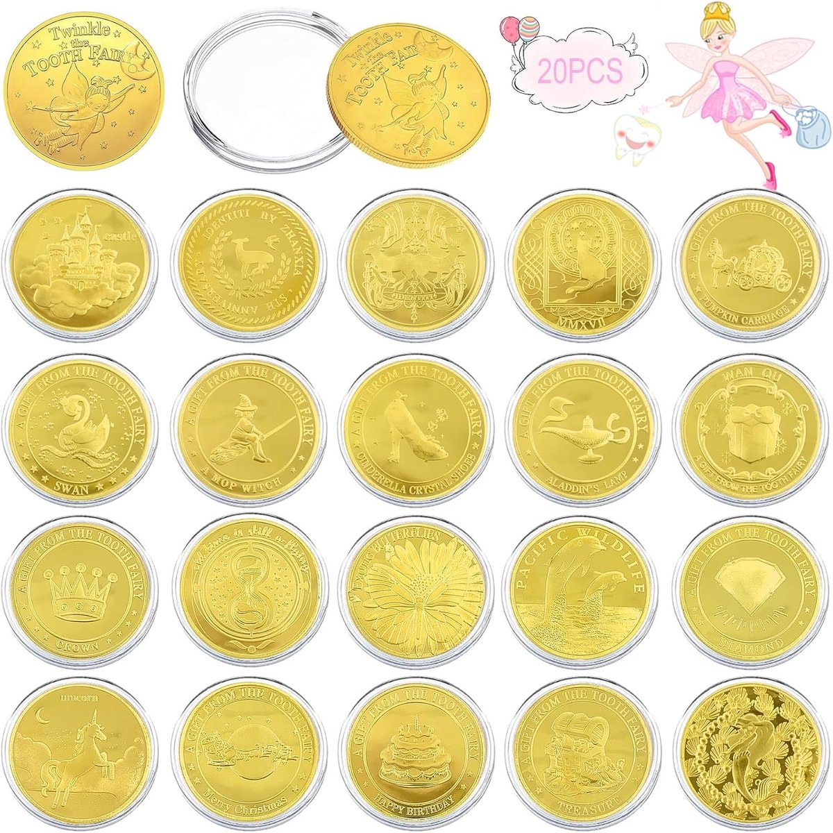 Toverachtige Tandenfee Munten, 20 Stuks Gouden Talers met Verschillende Patronen, Perfecte Tandenfee Cadeaus voor Kinderen, Unieke Verjaardagscadeaus en Herinneringen voor Jongens en Meisjes