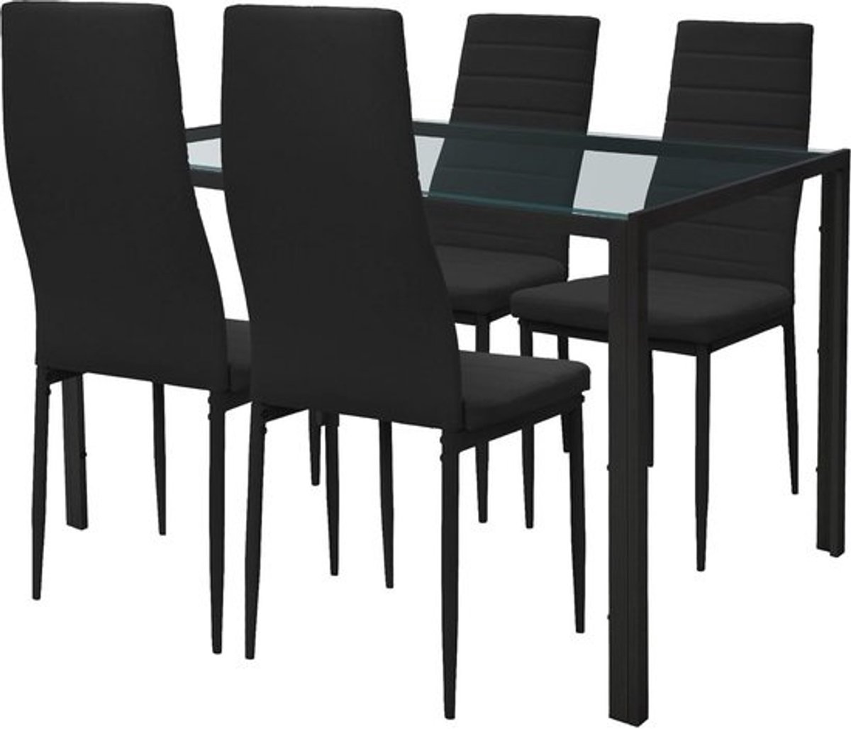 Moderne eetkamerset - 5-delig - met glazen tafel en 4 zwarte stoelen
