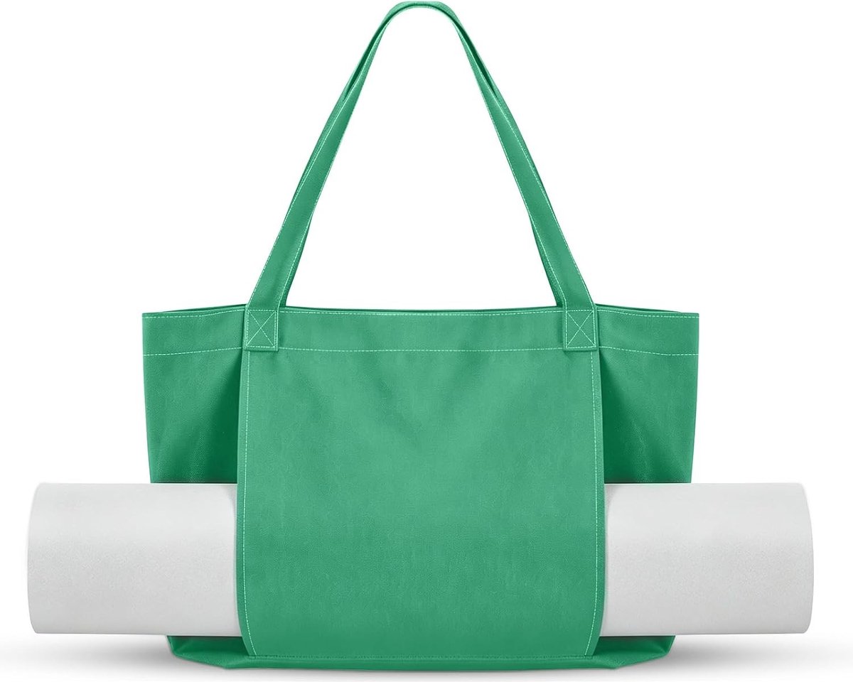 Yogamat in groen met handige voorzak, ideaal voor pilates en yoga, eenvoudig te bevestigen en te verwijderen, veel opbergruimte voor accessoires