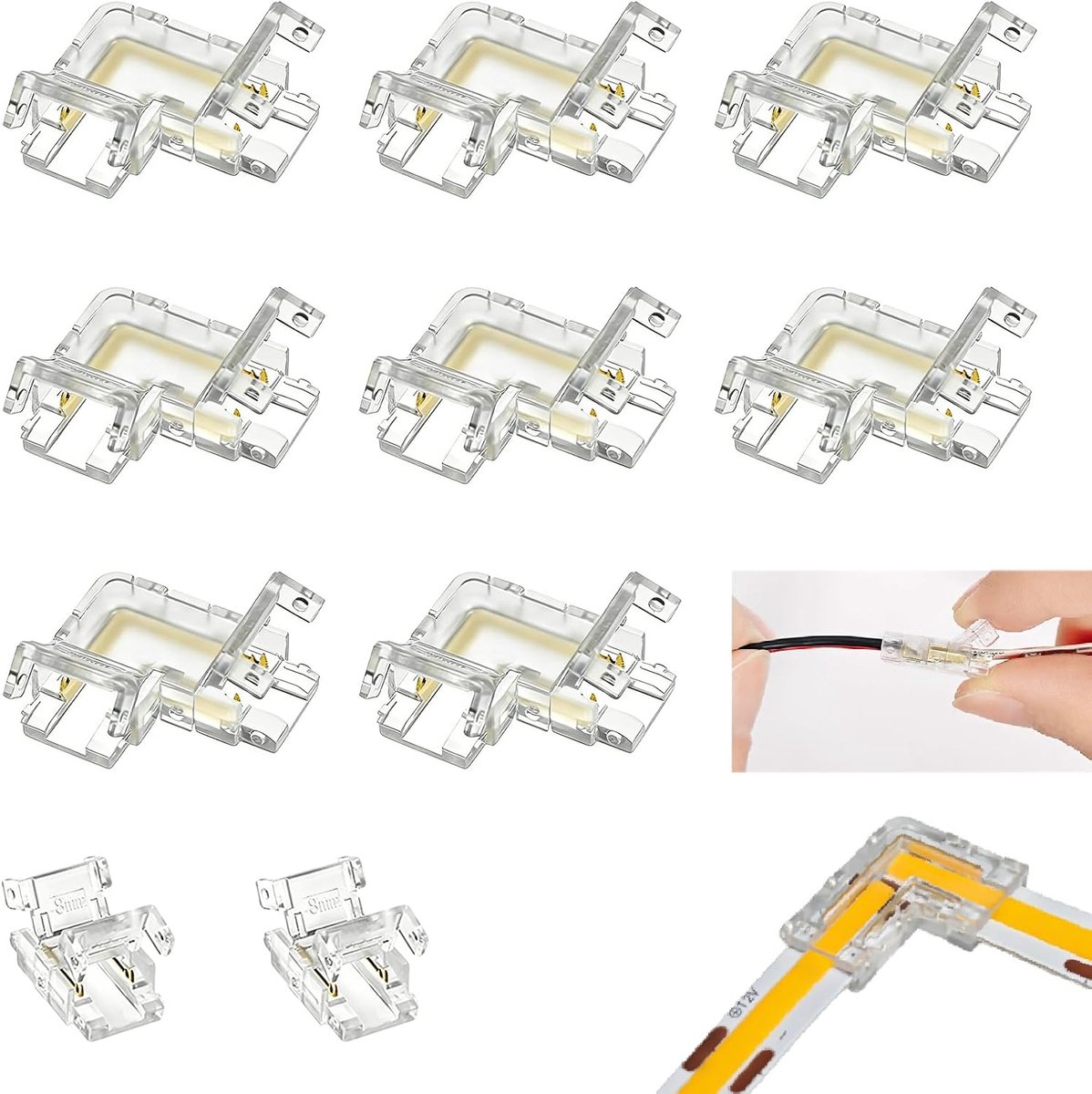 10 stuks COB led-connectoren, 8 mm, 2 pinnen, led-aansluiting, L-hoek, 90 graden, naadloos voor COB-band - ShopVlot