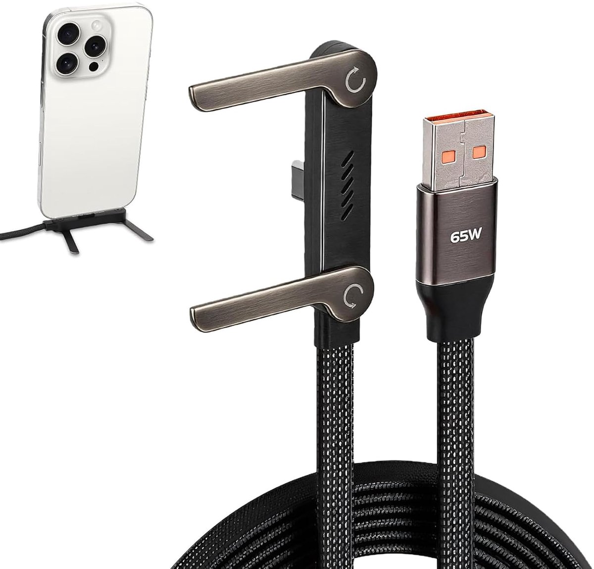 ładowarki USB-A do Type-C z niewidocznym uchwytem bocznym, cable do szybkiego ładowania 65 W z wbudowanym uchwytem na - ShopVlot