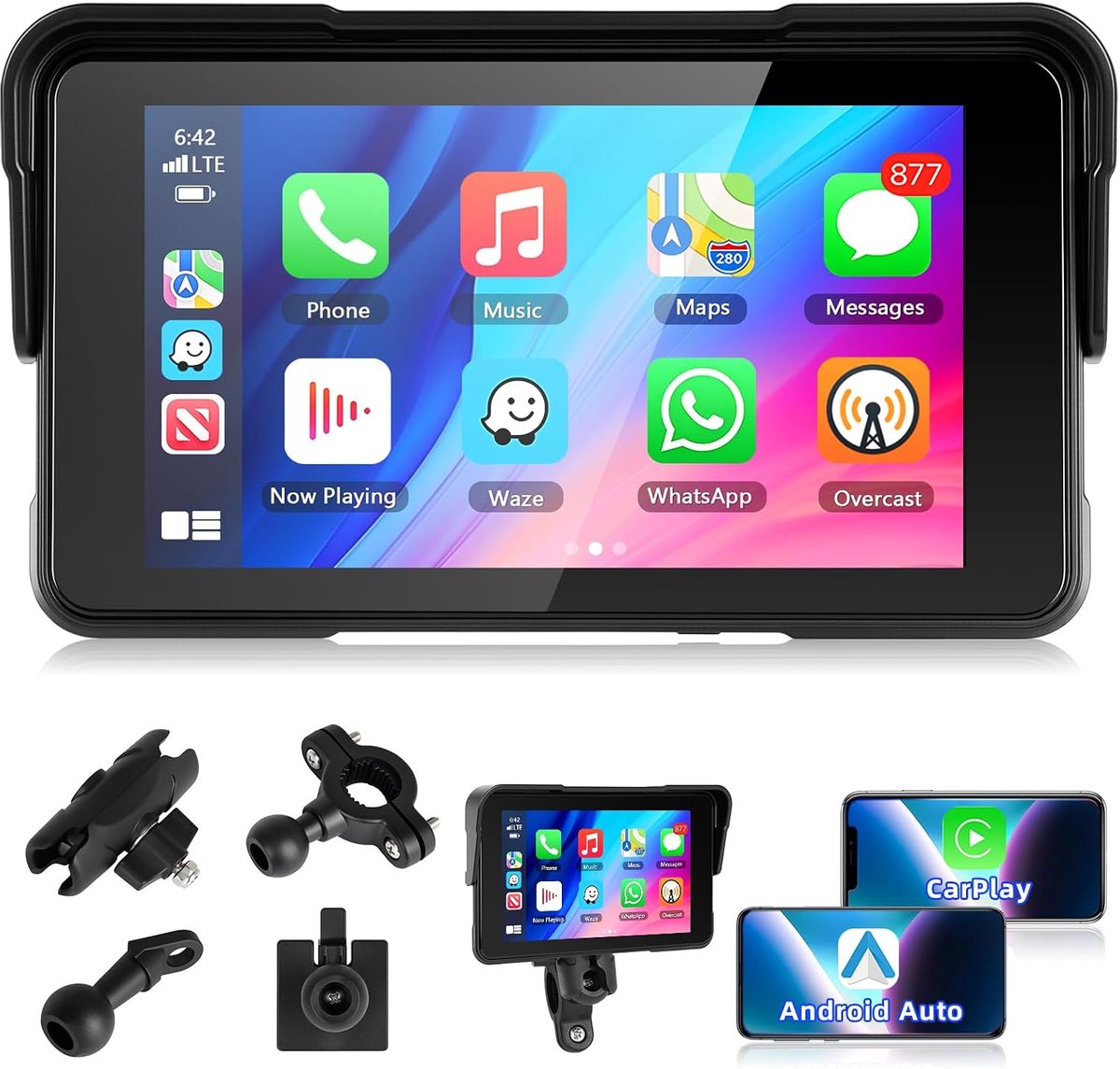 Mobiel Carplay Display 5 Inch - Draadloos en Waterproof - GPS Navigatie - Eenvoudige bediening voor motoren - ShopVlot