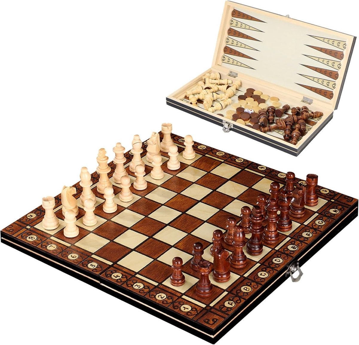 3-in-1 Houten Schaakspel 29x29cm Vouwbaar en Draagbaar - Strategisch Spel voor Gezinnen, Onderwijs en Reizen