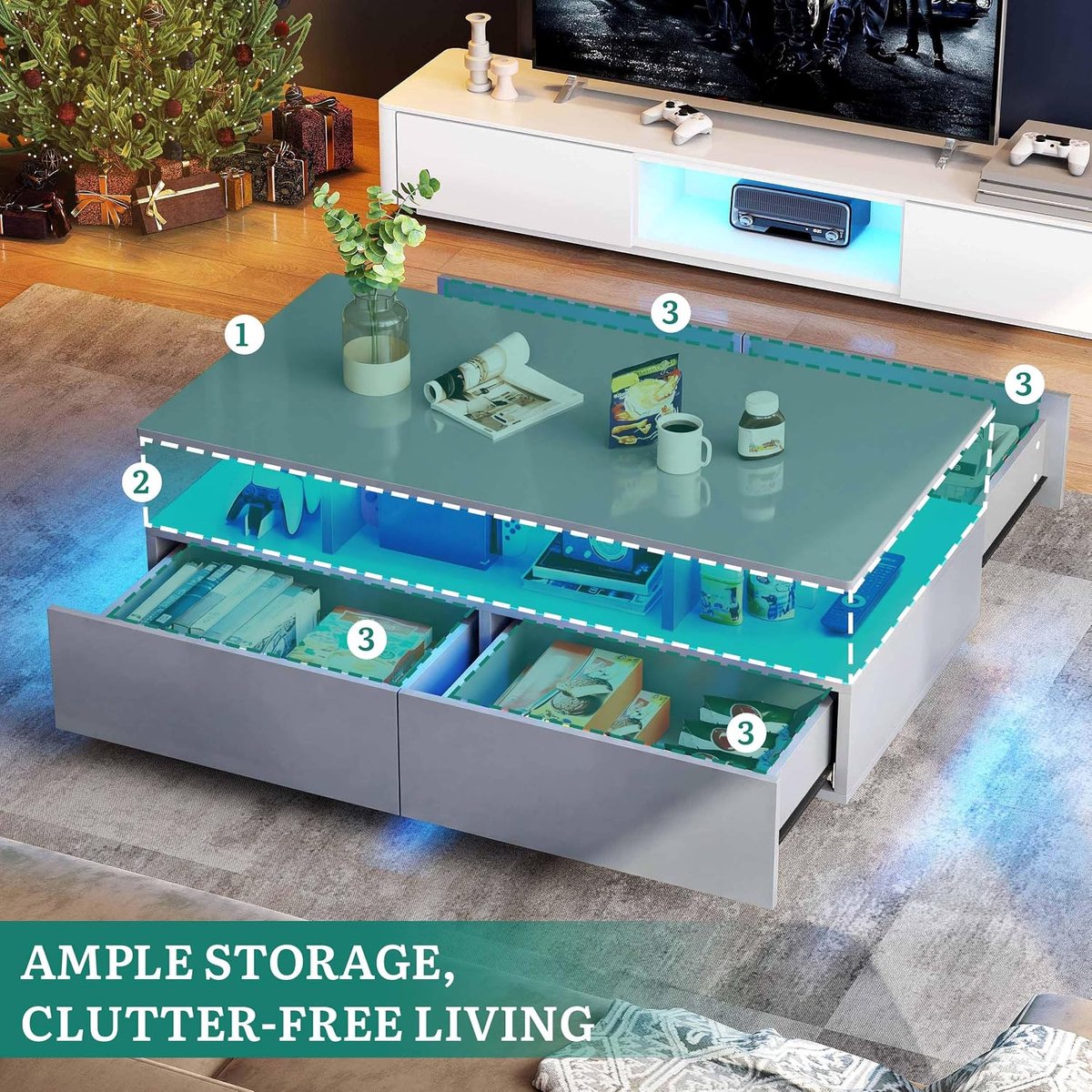 Moderne salontafel met LED-verlichting en opbergruimte - 90 x 55 x 41,1 cm - Industrohome