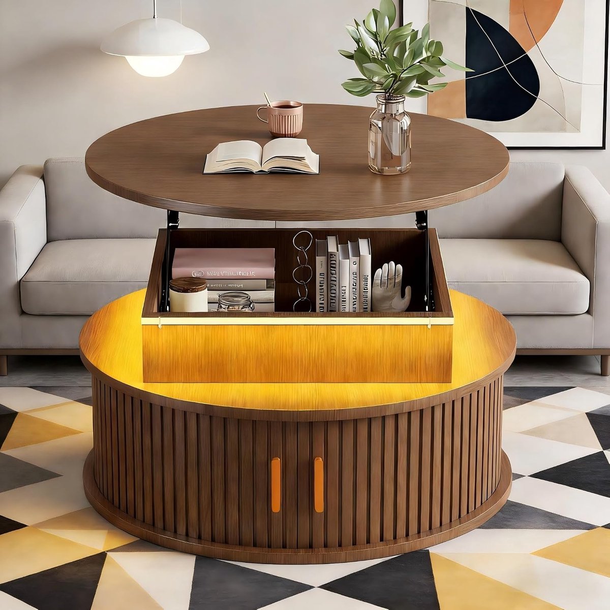 Ronde salontafel 75 x 75 x 52 cm - verstelbaar in hoogte met 2 rolschuifdeuren en opbergruimte - Industrohome