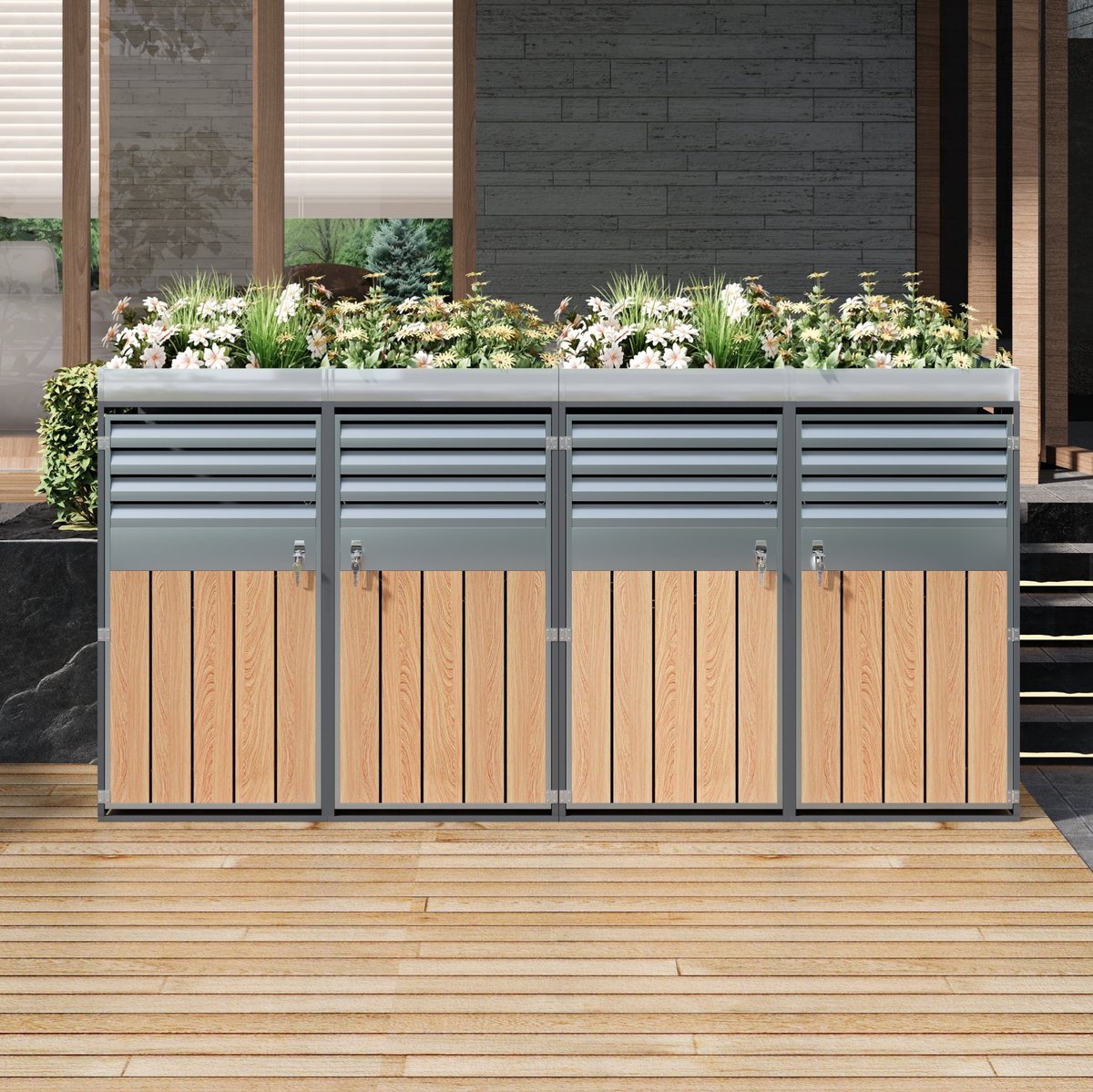 WUVRIE - Containerberging 132x80x124,5 cm - 4 afsluitbare compartimenten met plantenbak - Grijs/houtlook