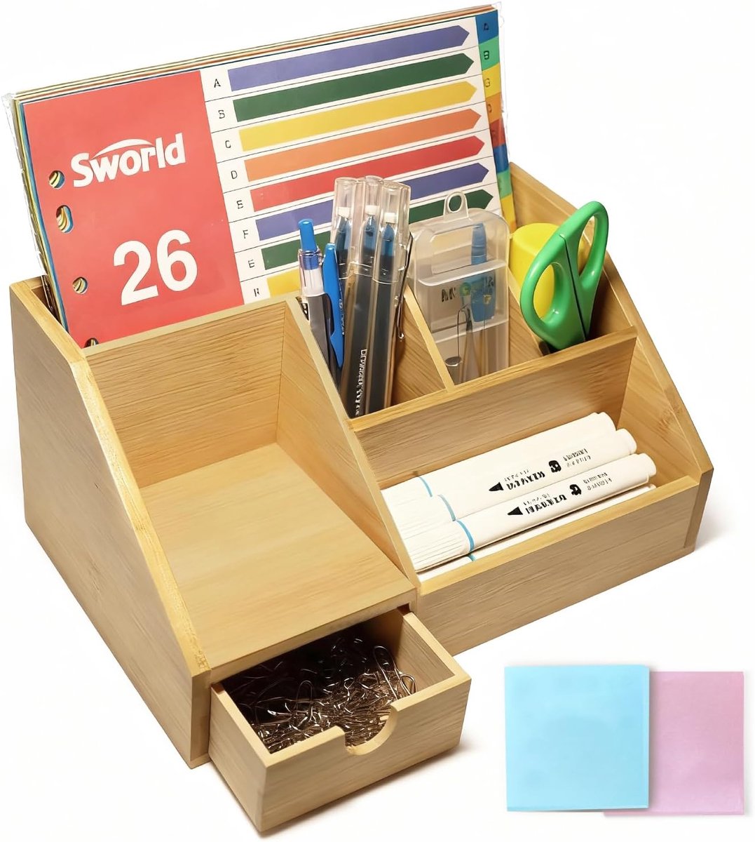 SnelShoppen - Houten Bureau Organizer met Lade, Bamboe Pennenhouder en Bureau Plank, Praktische Bureau Accessoires, Opbergdoos voor Thuis Kantoor en W