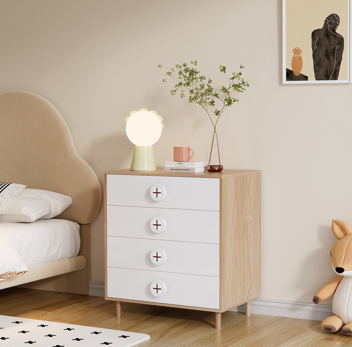 WUVRIE Ladekast 80x54x90 cm - 4 lades met kantelbeveiliging - Wit/naturel Naturel en wit