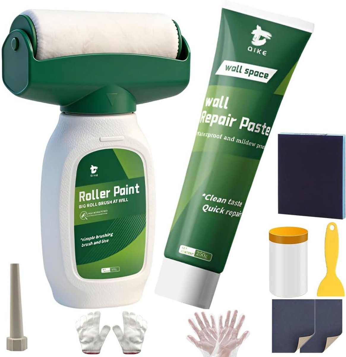 Muurverf Herstel Wit Set, 500g Rolverf + 250g Herstelpasta, inclusief 55cm×10m Stofafdekfolie Schuursponzen Schraper - ShopVlot
