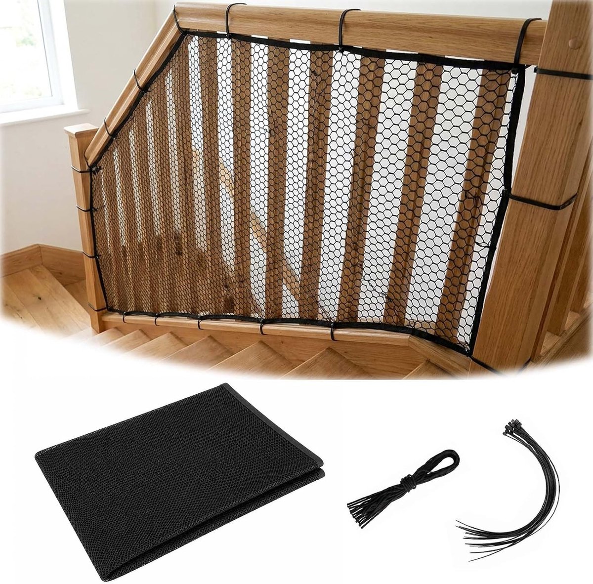 Children's Stair Protection Net, Safety Net, Stair Handrail with 15 Straps, 25 Nylon Ropes, Can Be Cut to Size, Stair - ShopVlot
