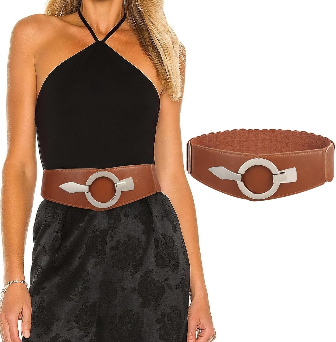 Brede elastische tailleband voor dames, modieuze vintage riem met zilveren ringgesp, elastische tailleband - ShopVlot