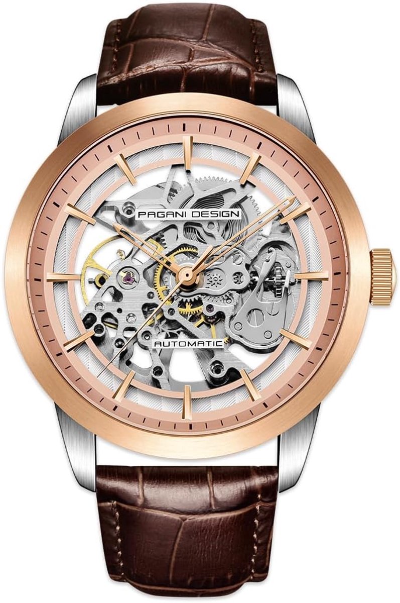 Pagani Design Automatic Men's Watch, Skeleton Stainless Steel Watch, Sapphire Mirror, Leather Bracelet, Sports Watch - ShopVlot