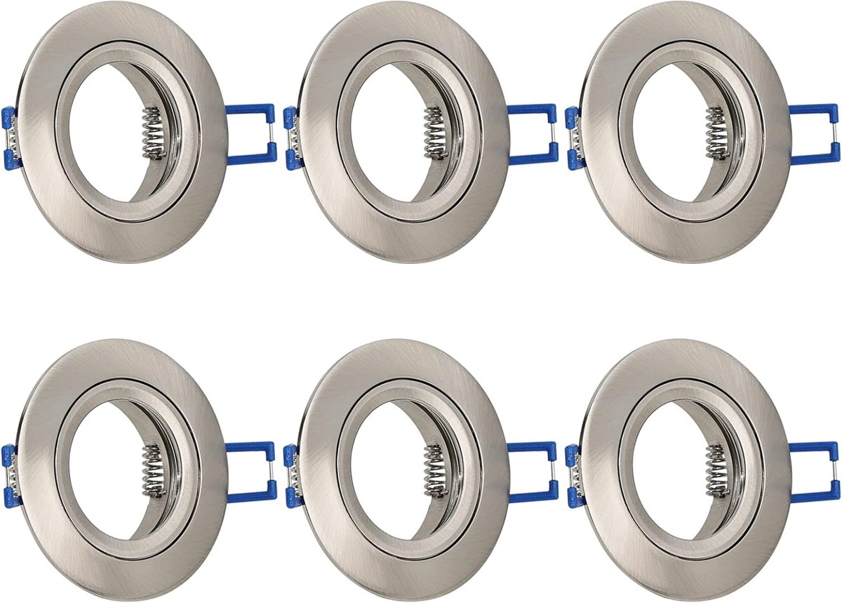 SnelShoppen - Set van 6 Inbouwspotjes GU10 Aluminium Nickel, Ronde Plafondspots Inclusief GU10 Fitting voor LED Halogeen, 60-70 mm Gatdiameter, 230V