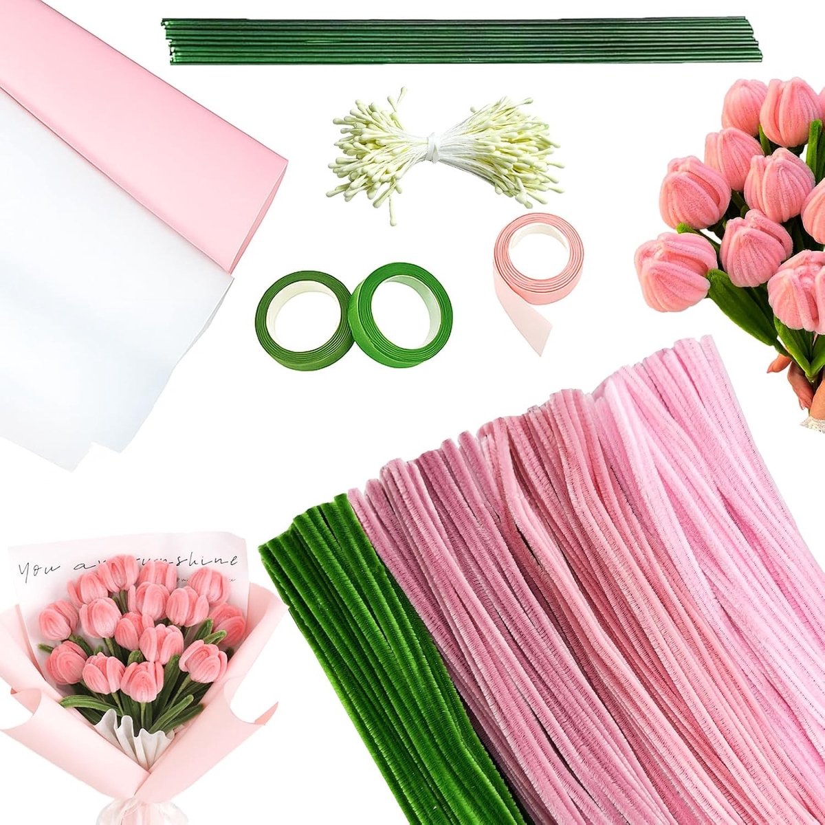 DIY Tulip Bouquet Set met 300 Pcs Pijpjes, Roze Schoonmaakpijpjes voor Creatieve Knutselprojecten met Bloemdraad en Bladstof