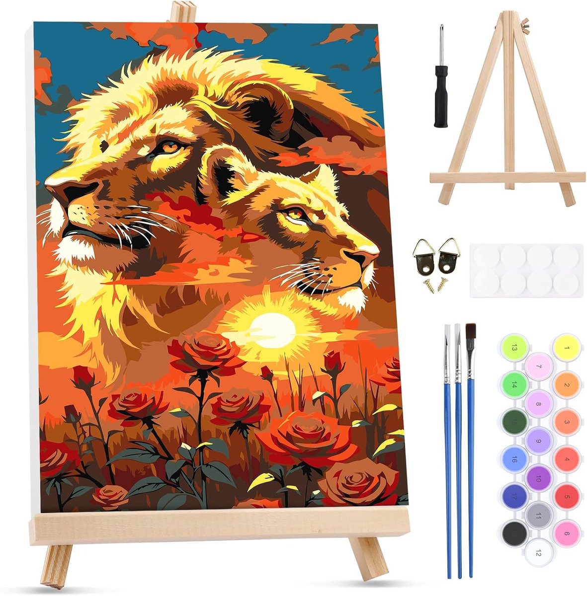 MXJSUA Schilderen op nummer voor kinderen en volwassenen, met lijst, leeuw kunstnummer met kwasten, creatieve vrije - ShopVlot