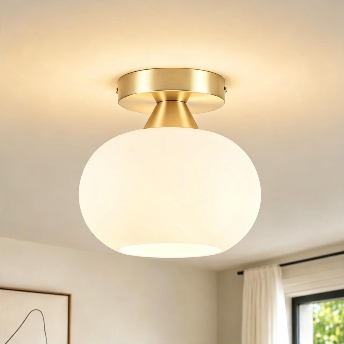 20cm Plafondlamp van Opaalglas met Metalen Voet in Goud