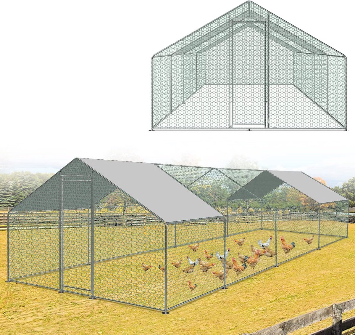 Metaal, 3 x 8 x 2 m, XXL kippenhok, vrijloopren met veiligheidsslot en waterdicht polyethyleen doek voor kippen en kippen