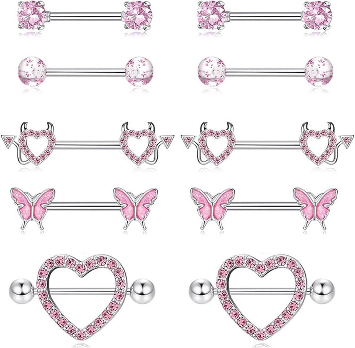 5 paar 14G Piercing van chirurgisch staal, vrouwelijke tepelpiercing vlinder hart zirkonia kubus lichaamspiercing set sieraden voor vrouwen
