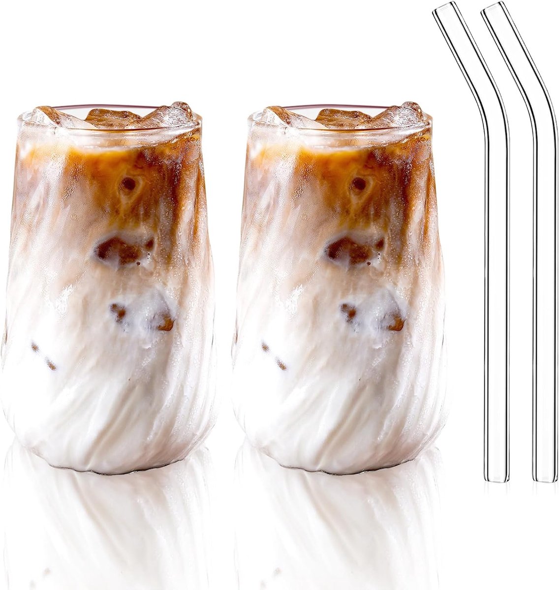 Glas, 400 ml, ijskoffieglazen, fancy geribbelde waterglazen van borosilicaatglas, drinkglas van transparant glas voor limonade, cocktails, sappen, cappuccino, matcha (2 stuks)