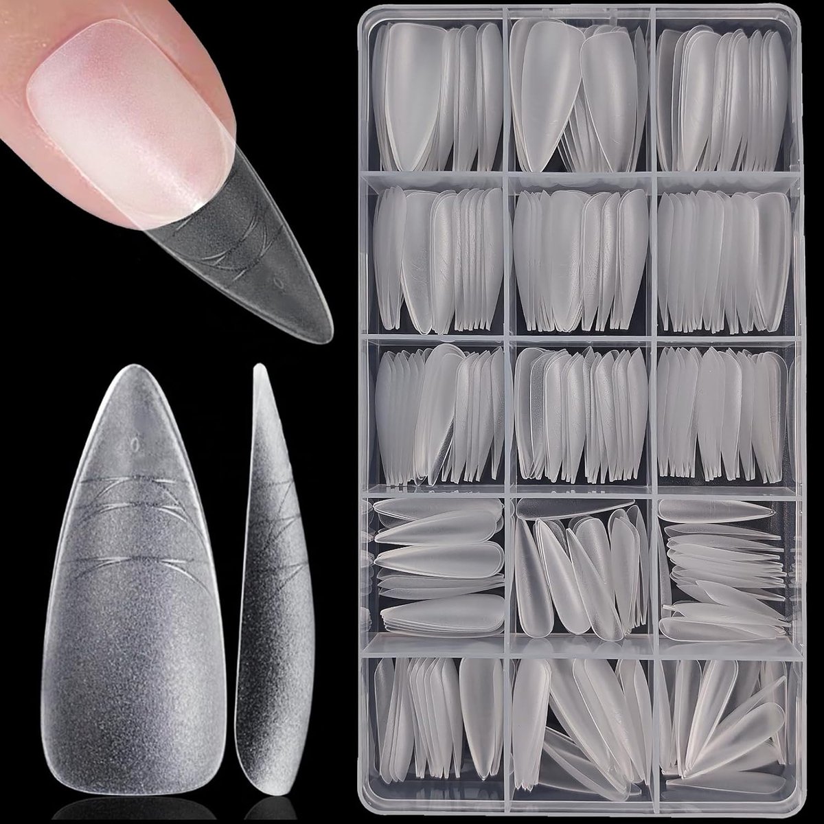 300 Stuks Nageltips Stiletto, 15 Maten Nail Tips Long, Nagel Tips Full Cover, PMMA-hars, Voor Lijm-Op Nail Art Voor Nagelstudio'S Starter DIY, Kunstnagels Acryl Stiletto