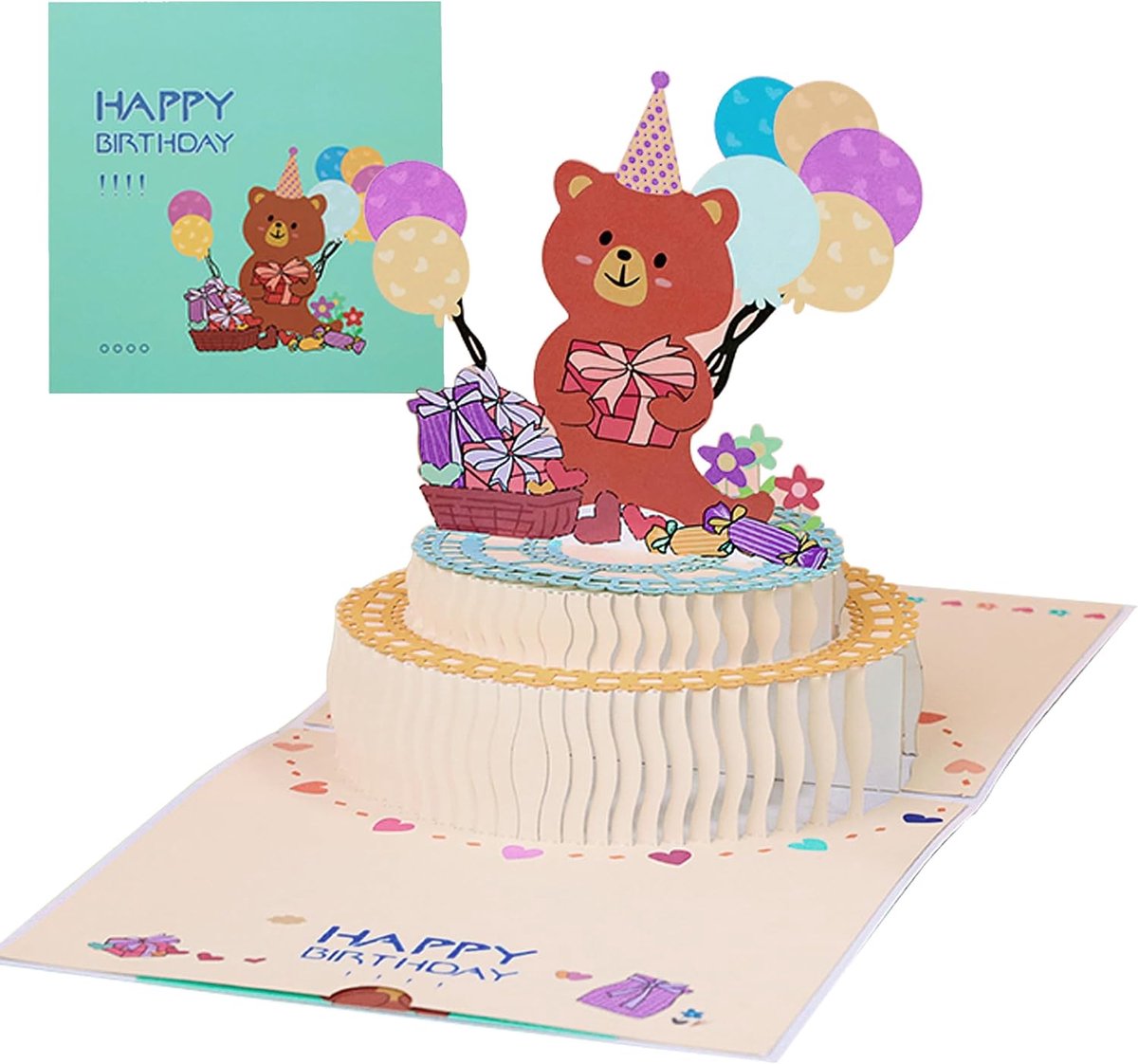 3D Verjaardagskaart met Beer en Kleurrijke Taart, Happy Birthday Motief, Pop-Up Kaart voor Meisjes Dochter, Grappige Verjaardagskaart, Verrassingskaart voor Verjaardag Familie en Vrienden
