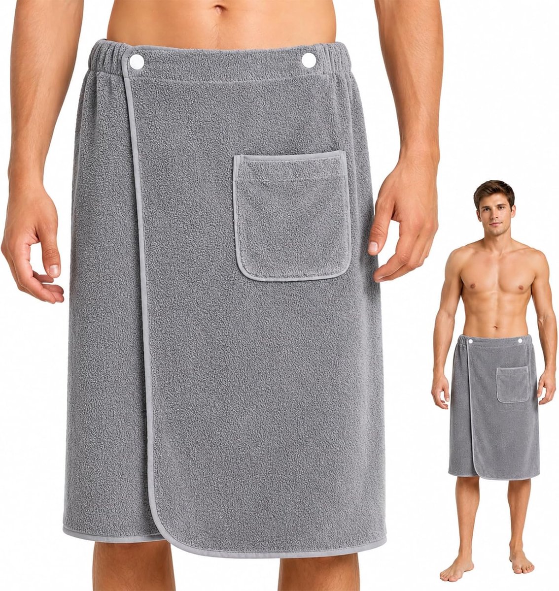 Saunakilt voor heren, grijs, saunakilt voor heren, met zakken, badhanddoek, eenheidsmaat, verstelbaar, tas met ritssluiting, voor sauna's, douche, fitnessstudio, strand en reizen