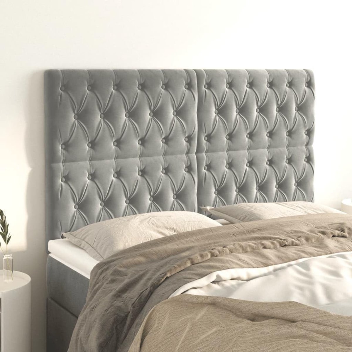Hoofdeinde lichtgrijs 144x7x118/128 cm in hoogte verstelbaar fluweel, houten poten, zacht velours, rugsteun voor lezen en televisie, eenvoudige montage