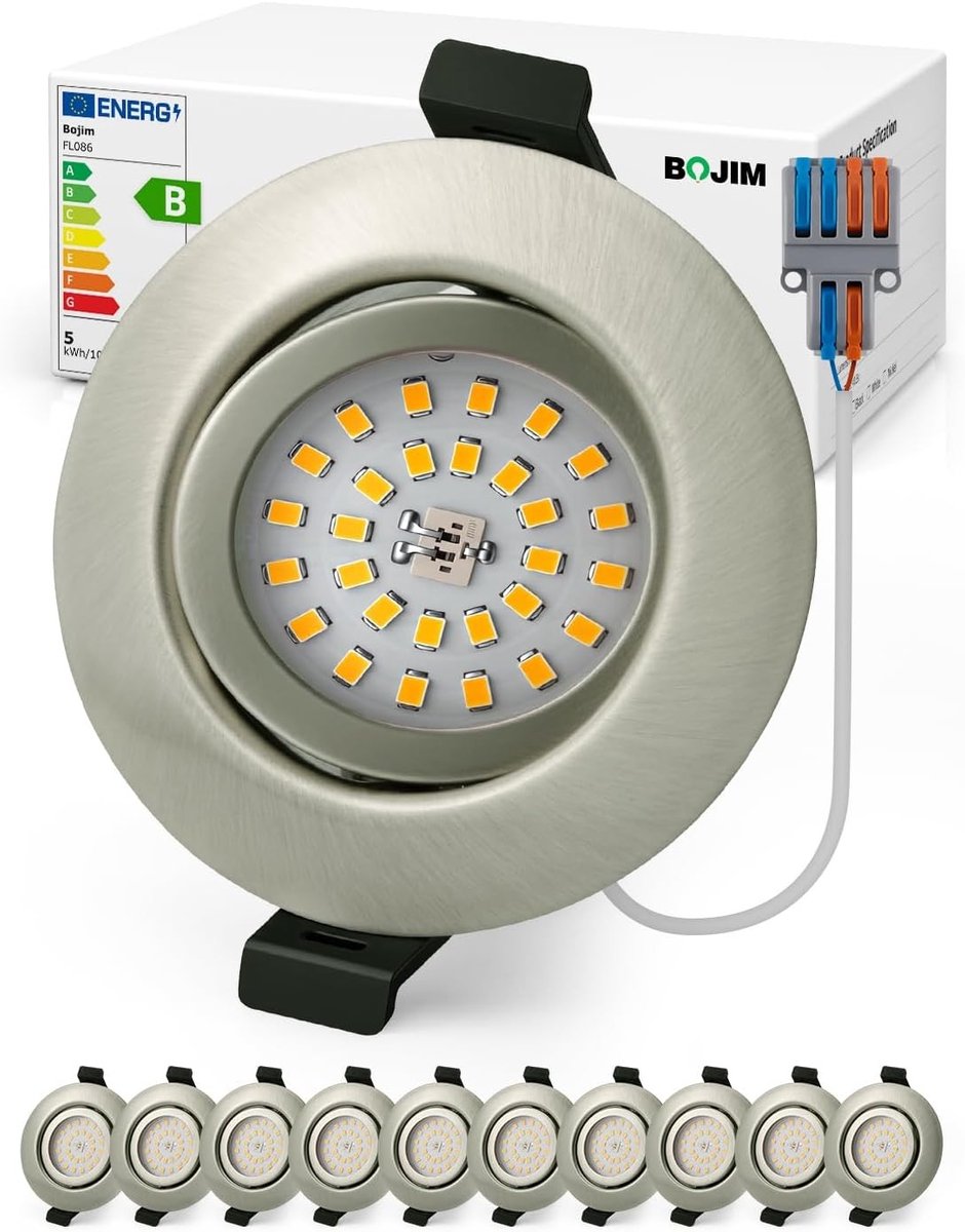 LED Inbouwspot, IP44, 4.7 W, Energieklasse B, Plafondverlichting voor Badkamer, Keuken en Woonkamer, Warm Wit 3000 K, Extra Platte Design, Verpakking van 10 Stuks
