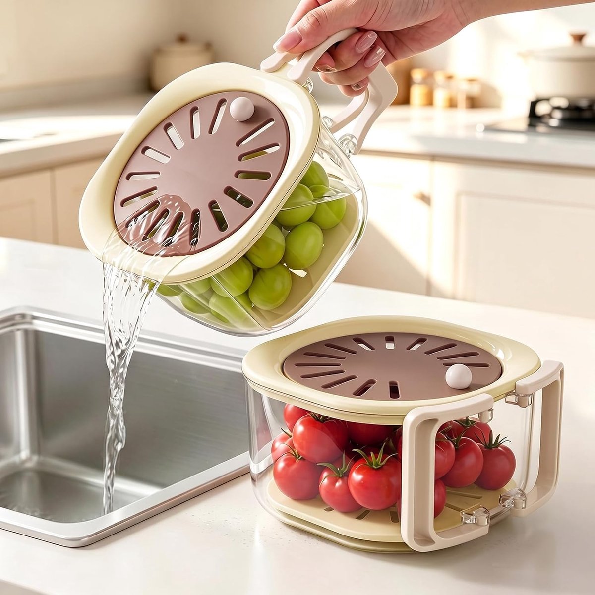 2-in-1 fruitwaskom, 2 stuks bessen-fruitwaskom met lekbak en deksel, groentewaskom met inklapbare handgreep - ShopVlot