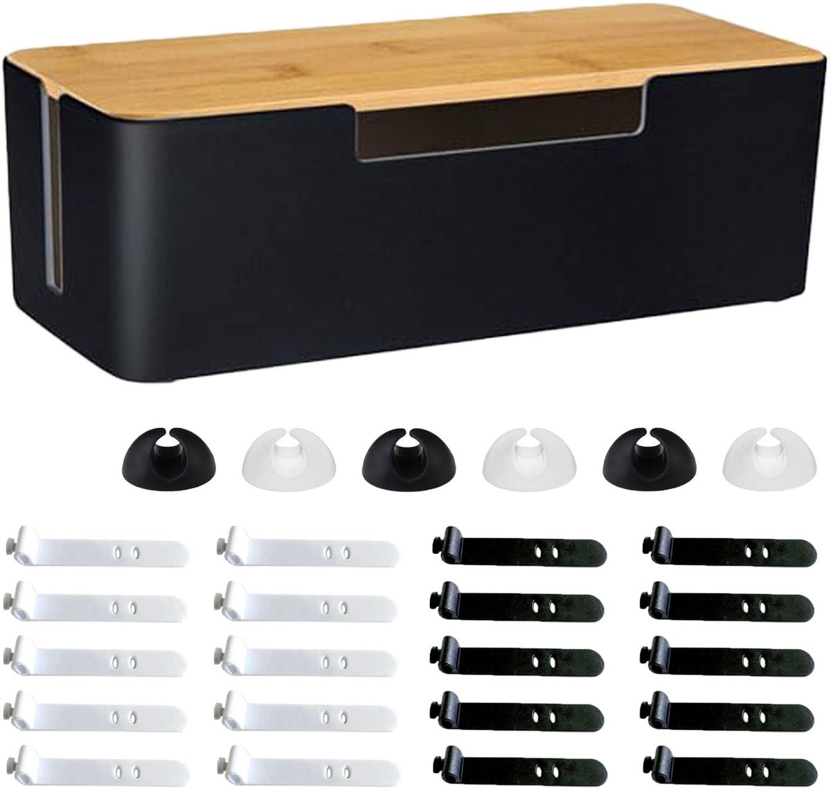 Kabelbox 30x13x10cm - kunststof met houten deksel - kabelbinders en houders - voor kabelbeheer - ShopVlot