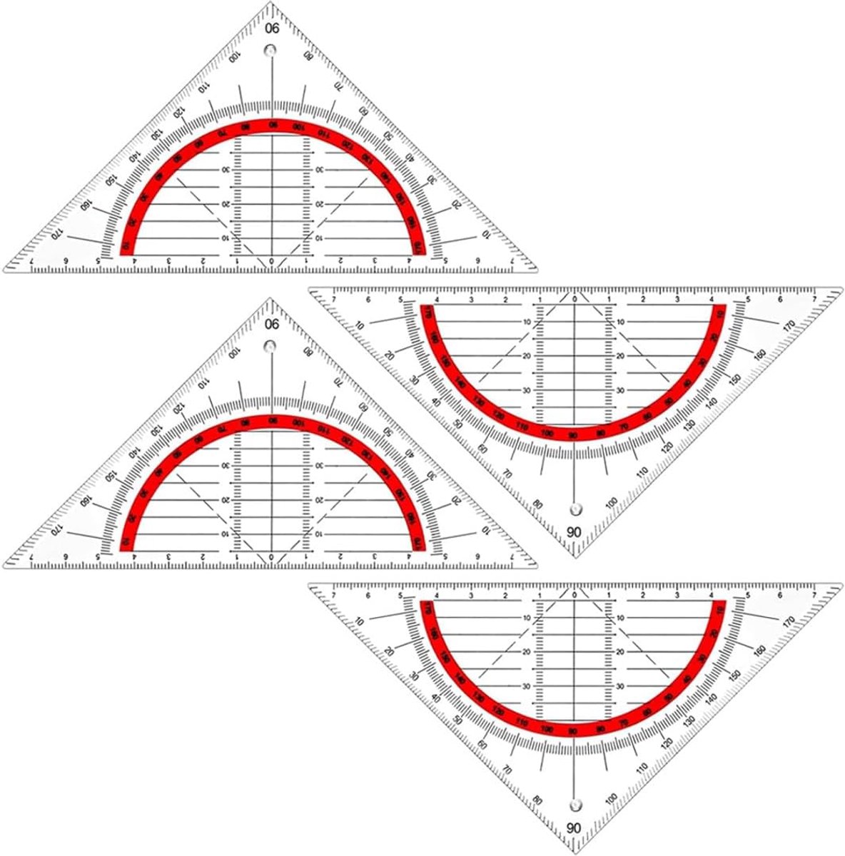 Geometrische geodriehoek, 4 stuks, transparant, rood, kunststof, voor studenten, kantoor, ontwerper, tekenen - ShopVlot
