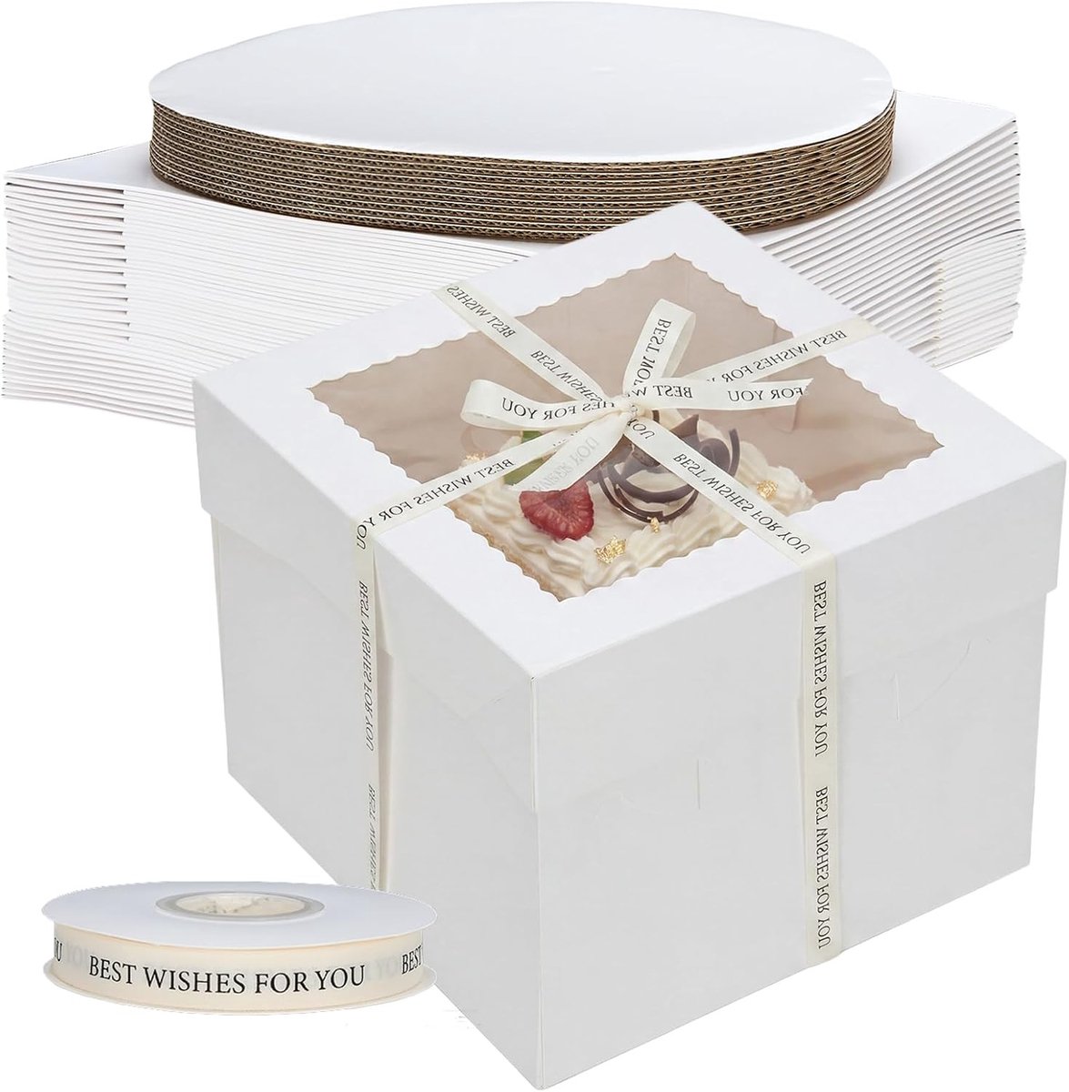 12 Stuks Hoge Taartdozen 10 x 10 x 8 inch met Taartbord en Cadeau Ribbons, Ideaal voor Taartvervoer en Bakkerijgebruik
