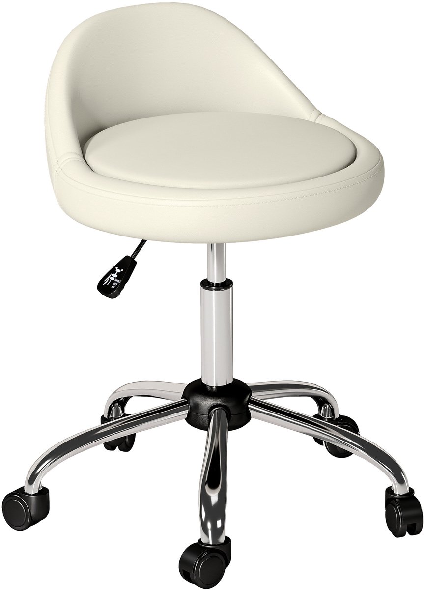 Salonkruk - in hoogte verstelbaar 53-73 cm, 360° draaibaar, met rugleuning, op wielen, tot 120 kg, wit, voor salon en massageruimte