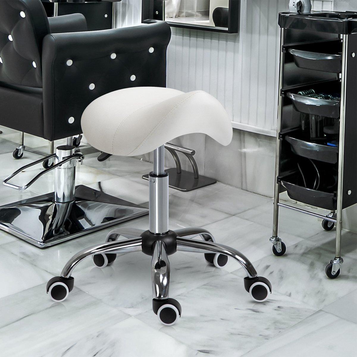 Salonkruk - in hoogte verstelbaar 49-61 cm, 360° draaibaar, op wielen, tot 120 kg, wit, voor salon en beautyruimte