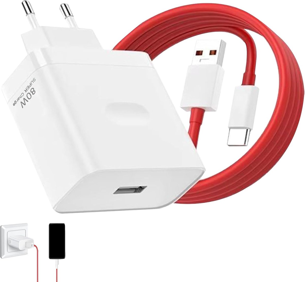 Oppo Find X7 Ultra X7 X6 X6Pro X5 Find N3 N2 Flip Reno11 10 Pro 80W Fast Charger with Red USB C Cable 1m - ShopVlot