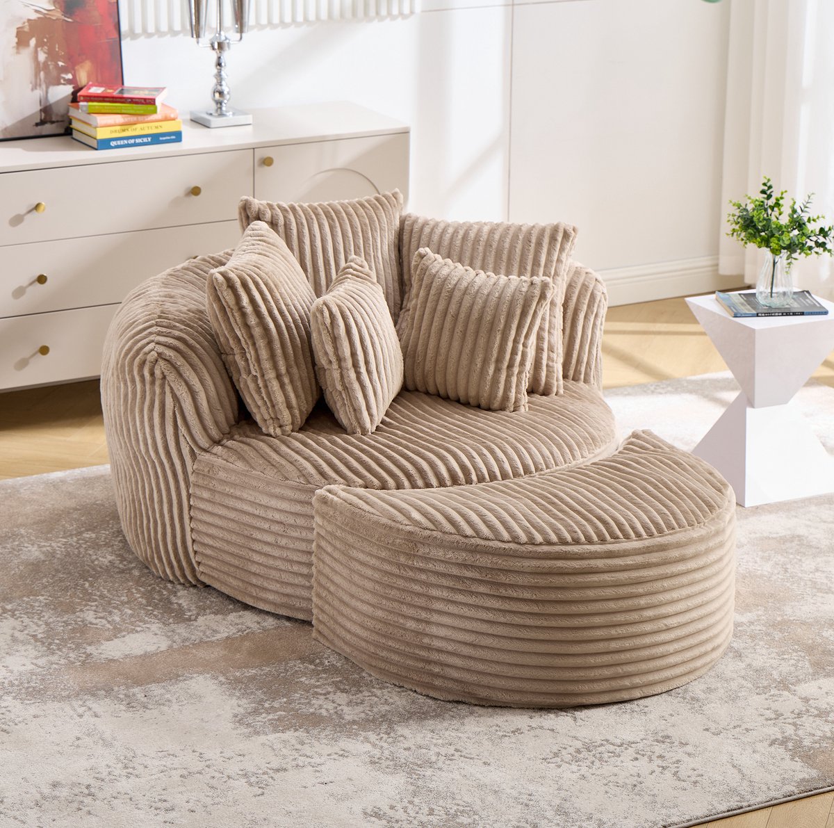 FloraGrace Fauteuil 168 Bij 123 Bij 63 cm - Met Voetenbank En Vijf Kussens - Zachte Chenillestof - Voor Woonkamer En Slaapkamer - Camel Bruin Camelbruin