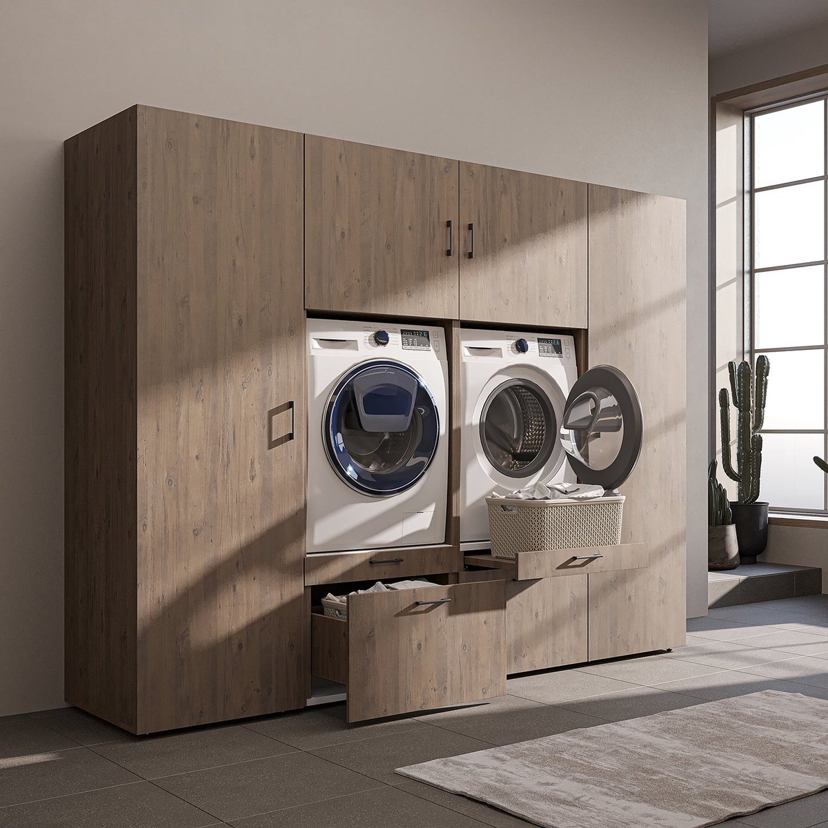 Roomart SERIE 2 Wasmachine Ombouwkast 254x205 cm - Kastenwand met 2 Hoge Kasten - Eiken