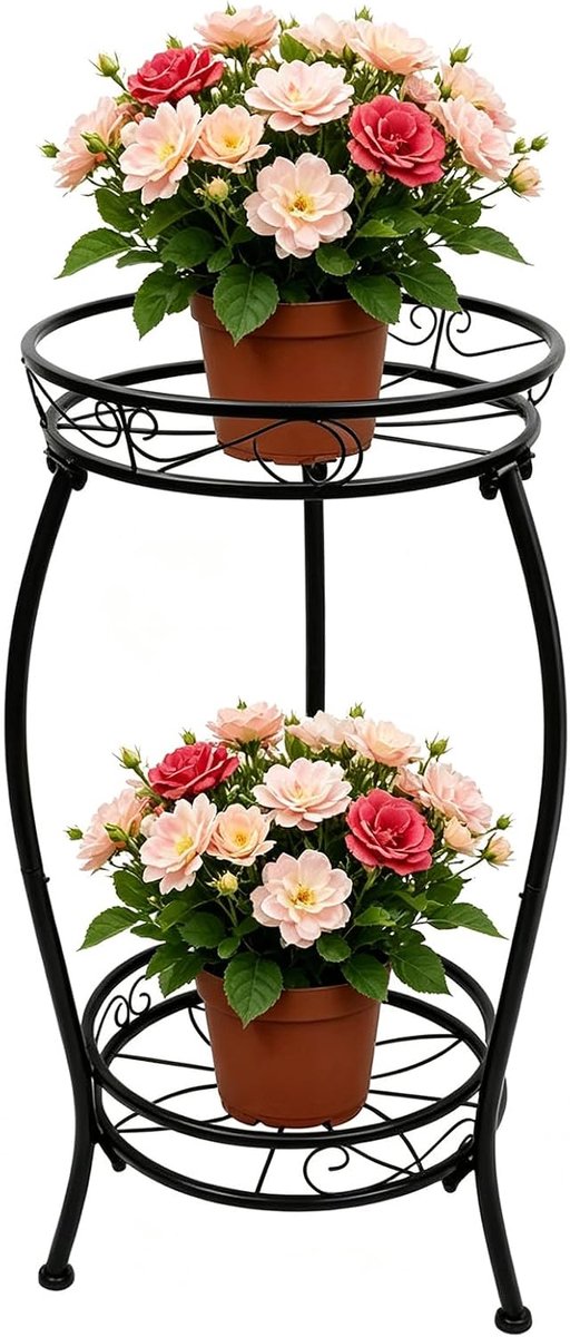 Bloempotstandaard van metaal, 2 niveaus, hoog rek voor verschillende planten, binnen en buiten, decoratieve hoekstandaard voor balkon, woonkamer, tuin en terras