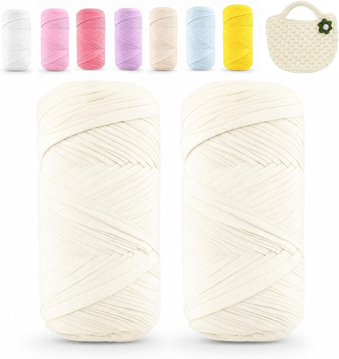 2 stuks T-shirt-garen, textielgaren om te haken, per rol, 200 g, textielgaren, lintgaren voor doe-het-zelf handwerk, woondecoratie, tassen, manden, deken (crèmewit)
