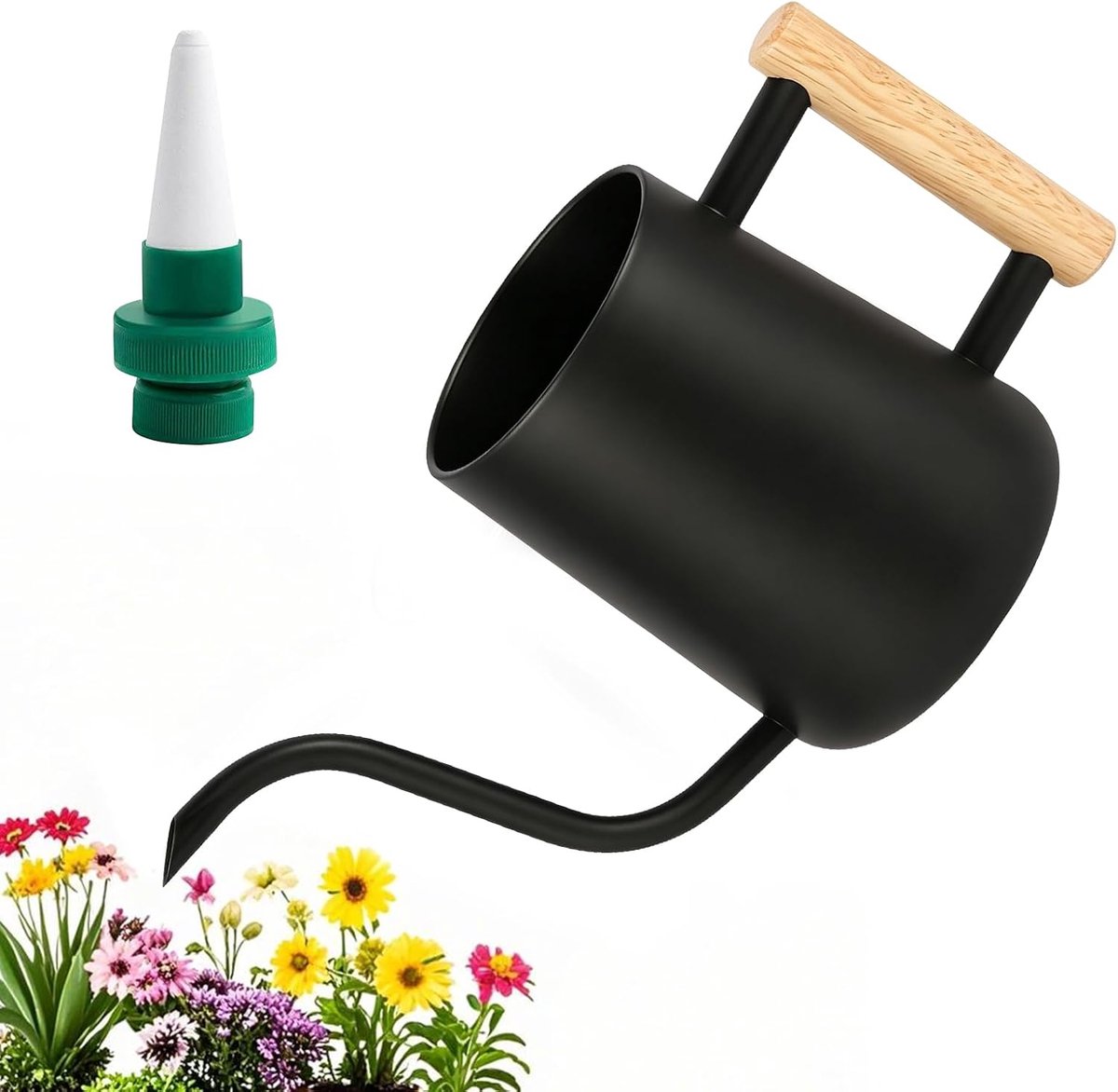 Gieter voor kamerplanten, 1 liter, gieter voor binnen, bloemengieter van roestvrij staal met lange uitloop, houten handvat voor tuin, kamerplanten