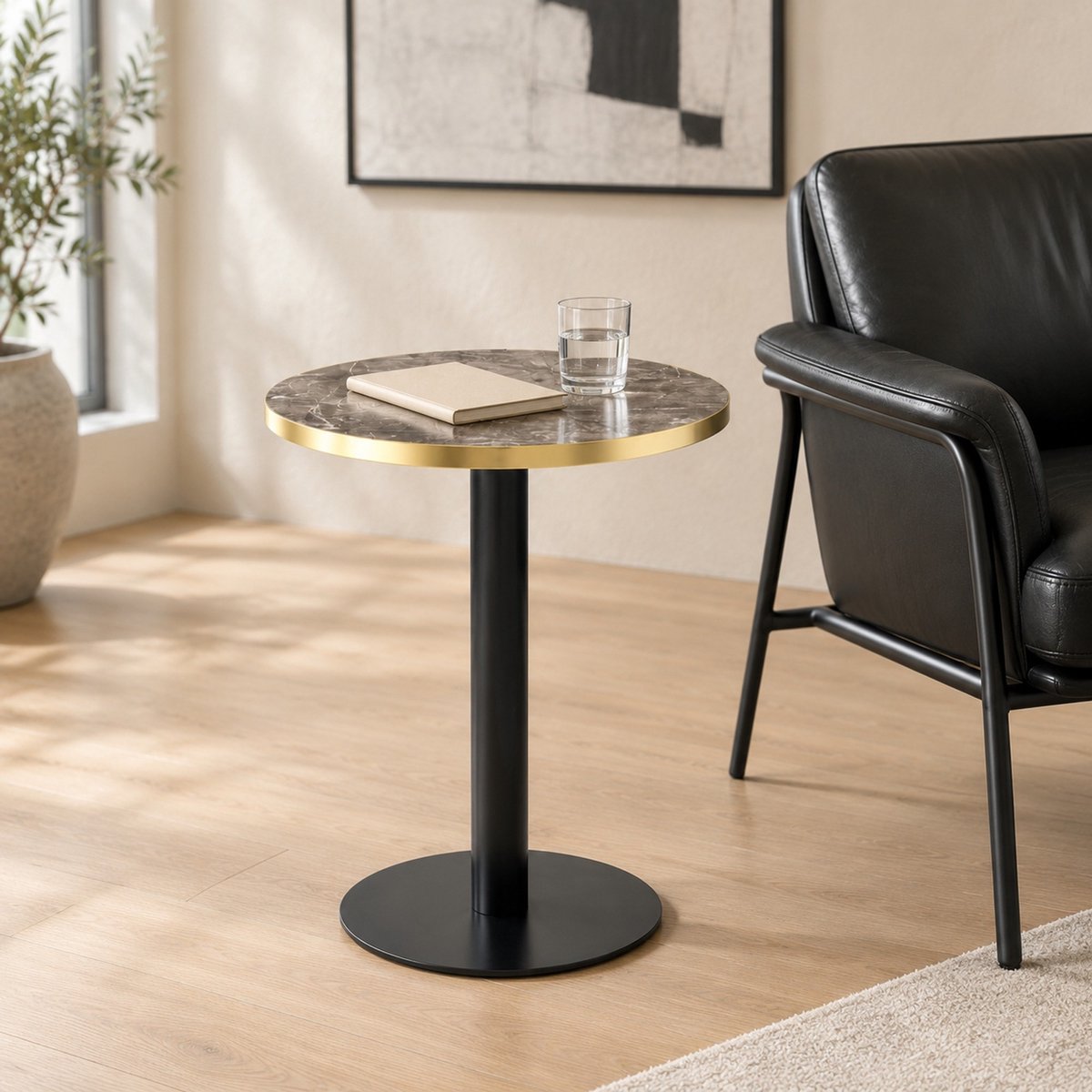 REDOM Bijzettafel - Rond tafelblad met marmerlook - Gouden metalen rand en centrale zuil - MDF en metaal - Grijs - 60 x 60 x 73,7 cm