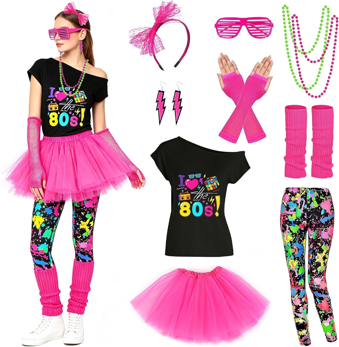 80-outfit voor dames, jaren 80 workoutkostuum, jaren 80-accessoires, jaren 80/90-outfit voor dames, jaren 80/90-kleding, kostuumaccessoires, voor carnaval, themafeest