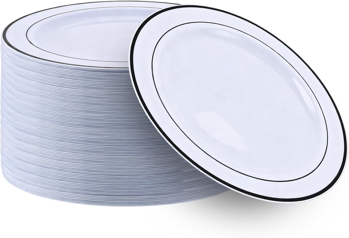 40 stuks plastic borden herbruikbaar 19 cm wit met zwarte rand
