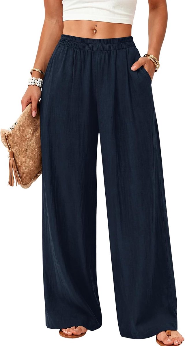 Linnen broek dames wijde pijpen pull on zomerbroek met zakken