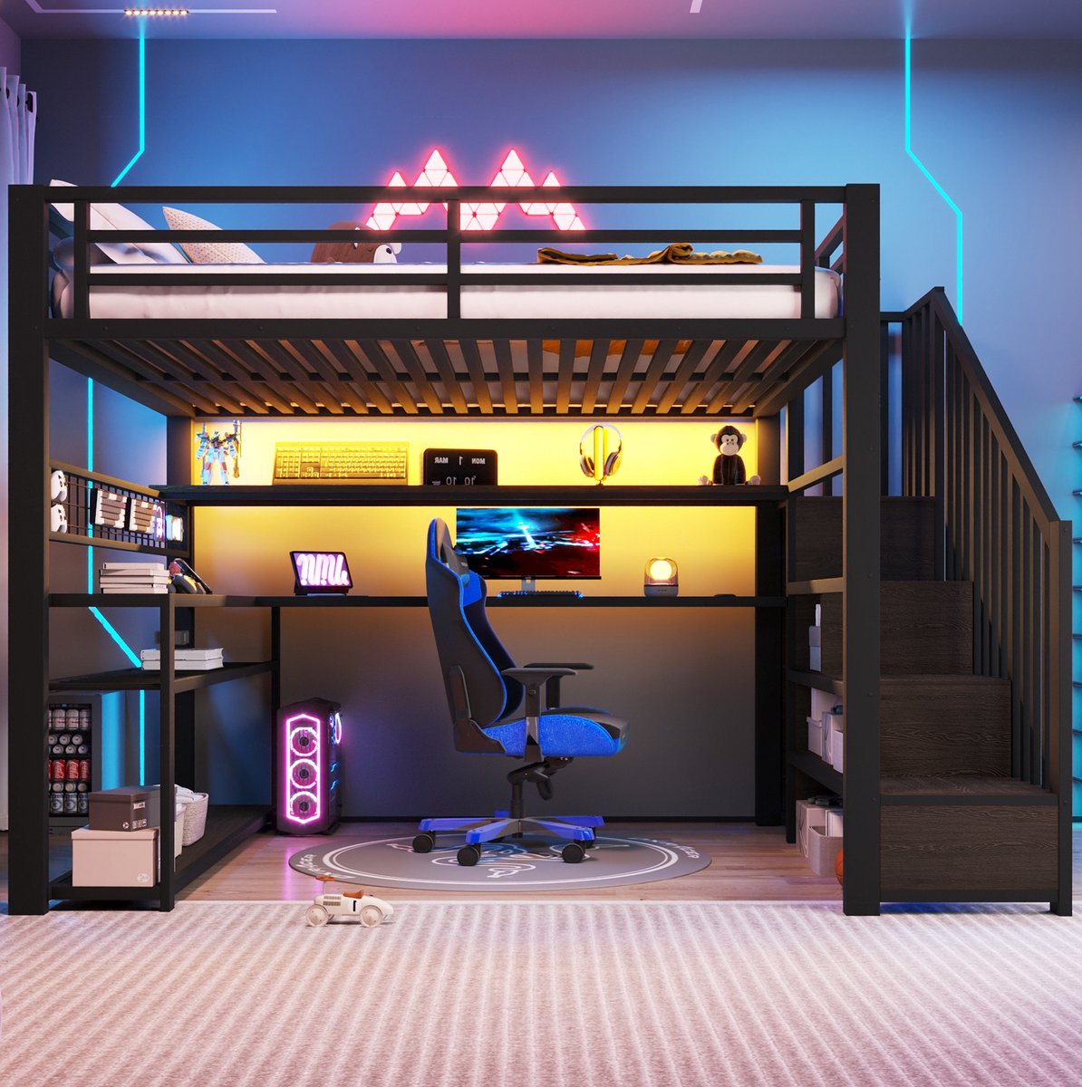 REDOM Hoogslaper - 140 x 200 cm - Met bureau en kledingkast - LED-verlichting - Opbergruimte - Metaal en MDF - Zwart - 251 x 145 x 170 cm