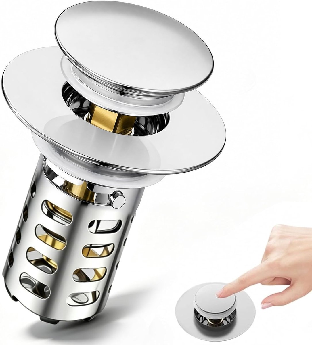 Pop-up roestvrijstalen afvoerzeef, universele afvoerstop met zeef voor wastafel (28-40 mm gat), anti-verstopping stop voor badkamer en keuken, messing kern, zilver (horizontaal)